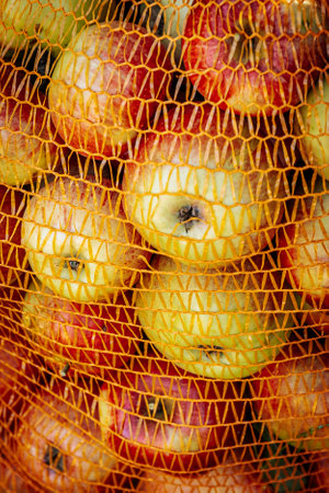 Ripe apples in a mesh bag. Selective focus. nature.の写真素材