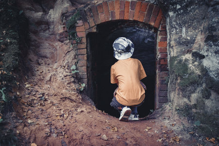A young boy in an orange jacket and a hat looks out of the tunnel.の写真素材