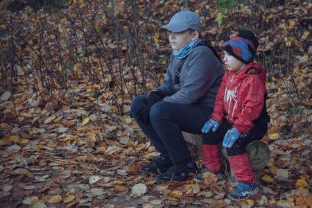 Father and son sitting on a bench in the autumn forest. Happy family.の写真素材