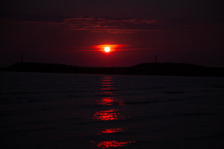 Sunset over the Baltic Sea in Kolobrzeg, Polandの写真素材