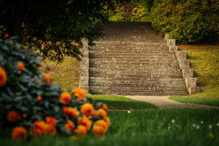 Staircase in a park with orange flowers in the foreground.