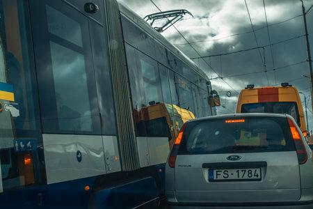Tram on the road.の写真素材