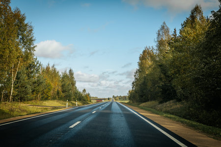 Asphalt road in the middle of the forest in autumn. Landscape.の写真素材