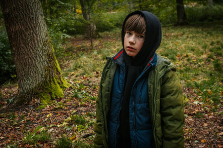 A young woman in a green jacket and a black cap stands in the autumn forest.の写真素材