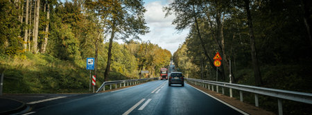 Car driving on the road in autumn, panoramic view.