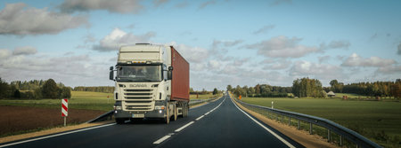 Truck on the road to the horizon. Concept of transportation and logisticsの写真素材