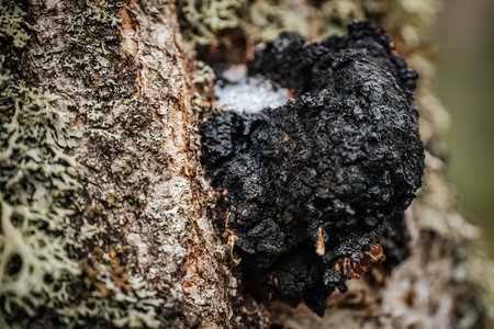 Black fungus on the bark of a tree in the forest.Medicinal mushroom Chaga on a birch trunkの写真素材