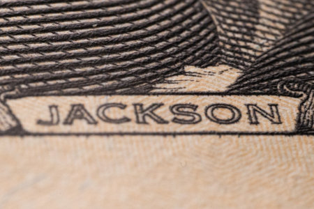 Close up of the back side of a dollar bill with the word jacksonの写真素材