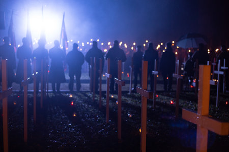 War Concept. Military silhouettes fighting scene on war fog sky background, World War Soldiers Silhouettes Below Cloudy Skyline At night. Selective focusの写真素材