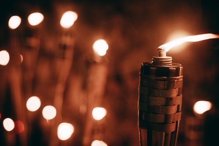Burning torches on a dark background with bokeh lights.の写真素材