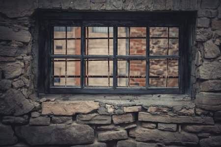 Old window with bars in a brick wall. Retro style photo.の写真素材