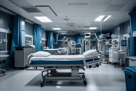 A hospital room with empty bedsの素材