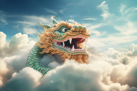 Enchanting Green Chinese Dragon Soaring Through Clouds, Mythical Symbol of Power and Serenityの素材