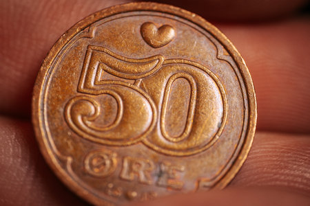50 euro coin in the palm of your hand, close-upの写真素材