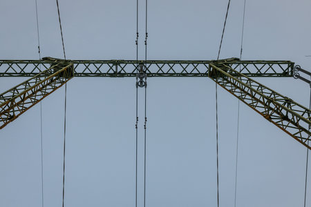 High-voltage power line against the sky. Close-up.