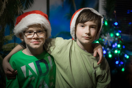 Two boys in Santa Claus hats on the background of the Christmas treeの写真素材
