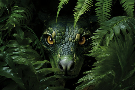 Symmetrical Close-Up. Vibrantly Expressive Astrological Dragon in Lush Green Tropical Jungleの素材