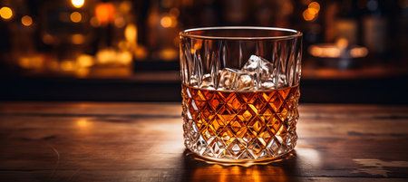 Classy Room. Elegant Wooden Table, Crystal Glass of Finest Whiskey, and Shimmering Ice Cubesの素材