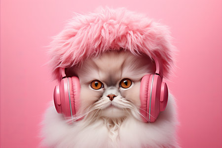 Fashionable feline wearing modern wireless headphones on plain background with empty space for textの素材