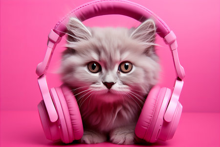 Trendy cat rocking latest wireless headphones, minimalistic background for text placementの素材