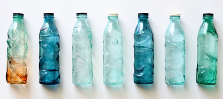 Assorted discarded plastic water bottles. various shapes and sizes on white backgroundの素材