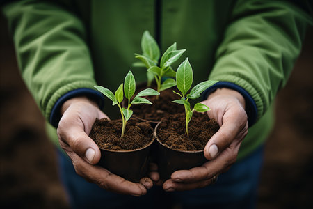 Eco-awareness. hands nurturing small plant in fertile soil for environmental sustainabilityの素材