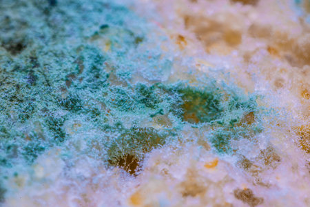 Bread mold. Beautiful mold. Mold spores, macro. Mold is light, yellow, transparent.の写真素材