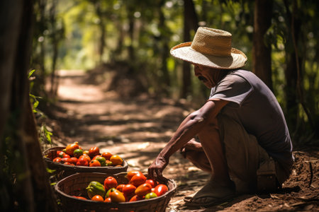 Picking fresh vegetables directly from the soil. The natural connection between man and nature in the harvesting process.の素材