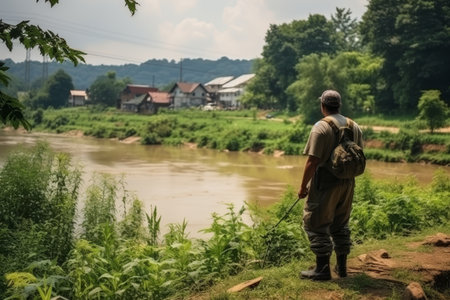 Fisherman with fishing rod by the river. Fisherman on the river bankの素材