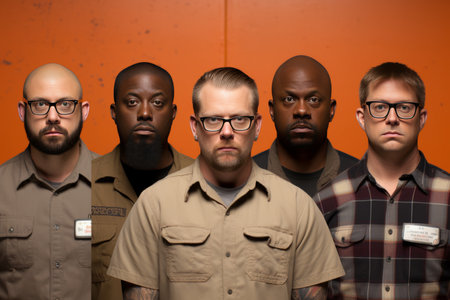 composite portrait of mug shots of a variety of serious young and old men, including all ethnic, racial and geographic Men on Peach Fuzz Backgroundの素材