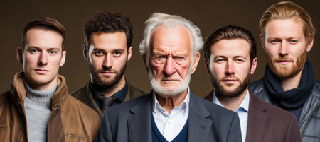 composite portrait of mug shots of a variety of serious young and old men, including all ethnic, racial and geographic Men on Peach Fuzz Backgroundの素材