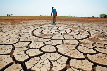 Man standing on cracked earth background. Concept of drought and global warmingの素材