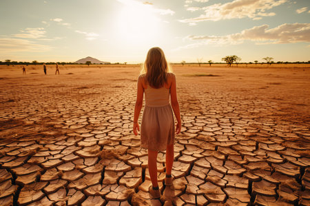 A young woman standing in the middle of a dry and cracked earthの素材