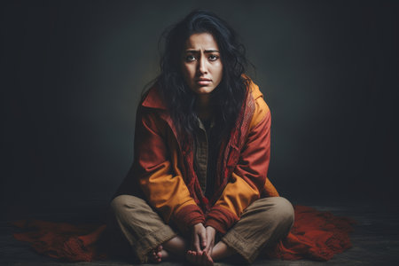 Flat style image of woman sitting on floor with hands wrapped around knees in depressionの素材