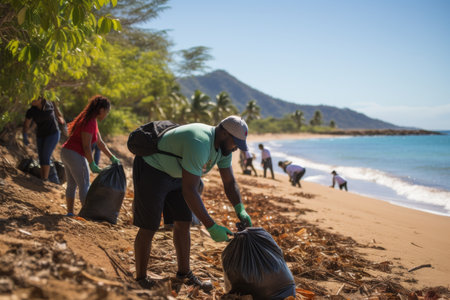 A detailed scene of individuals diligently removing litter from a beach, focusing on the close up view of their dedicated efforts.の素材
