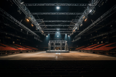 Dark modern concert music venue with an industrial atmosphere, ceiling lights shining onto the stageの素材
