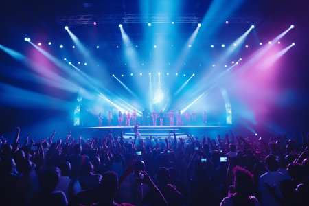 Modern concert hall with bright lights and musicians on stage, ceiling lights shining on stageの素材