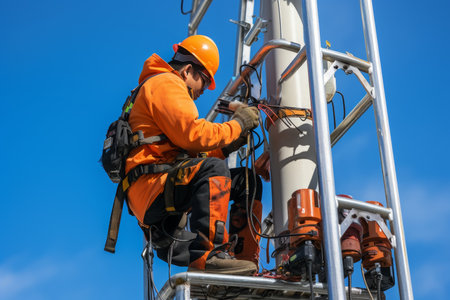 a person who locates power lines on a high-voltage mast. Job security, Electricity in the cityの素材