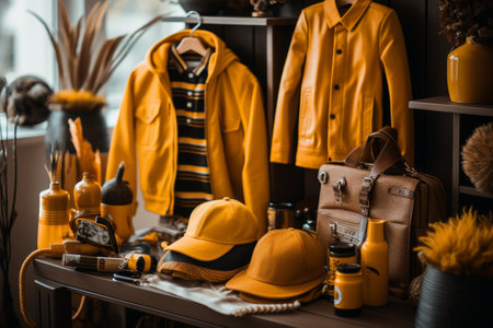 A man in dynamic and bright clothing who confidently selects stylish and colorful outfits. A fashion boutique showcasing innovative menswearの素材