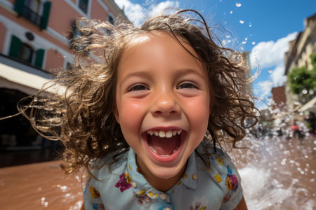 Gli adolescenti si rilassano nella piscina all'aperto. Alcuni bambini giocano felici nell'acqua, ridendo e sguazzando.の素材