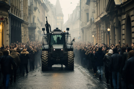 Farmers strike in city. People on strike protesting protests against tax increases, abolition of benefits by standing next to tractors on big city streetの素材