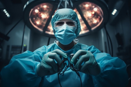 a surgeon in a mask and gloves holds a heart in his hands. Heart surgery conceptの素材