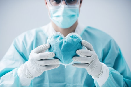 a surgeon in a mask and gloves holds a heart in his hands. Heart surgery conceptの素材