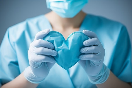 a surgeon in a mask and gloves holds a heart in his hands. Heart surgery conceptの素材