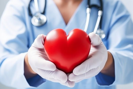 a surgeon in a mask and gloves holds a heart in his hands. Heart surgery conceptの素材