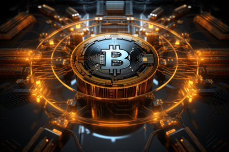Bitcoin is a cryptocurrency coin on the background of computer wires with neon light.の素材