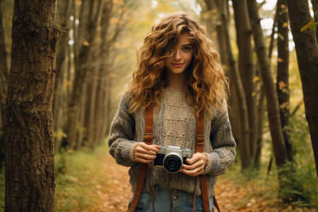 A beautiful photographer takes a picture of the sunsetの素材