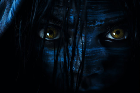 An eerie, shadowy figure with glowing, piercing eyes lurking in the darkness.の素材