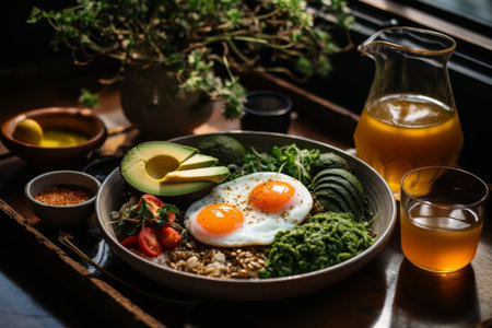 Rich salad plates of green leaves and vegetables with avocado or eggs, chicken and shrimp isolated on a wooden table on a light backgroundの素材