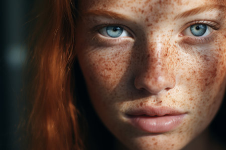 Close-up portrait of woman with bright blue eyes and striking features in studio lightingの素材